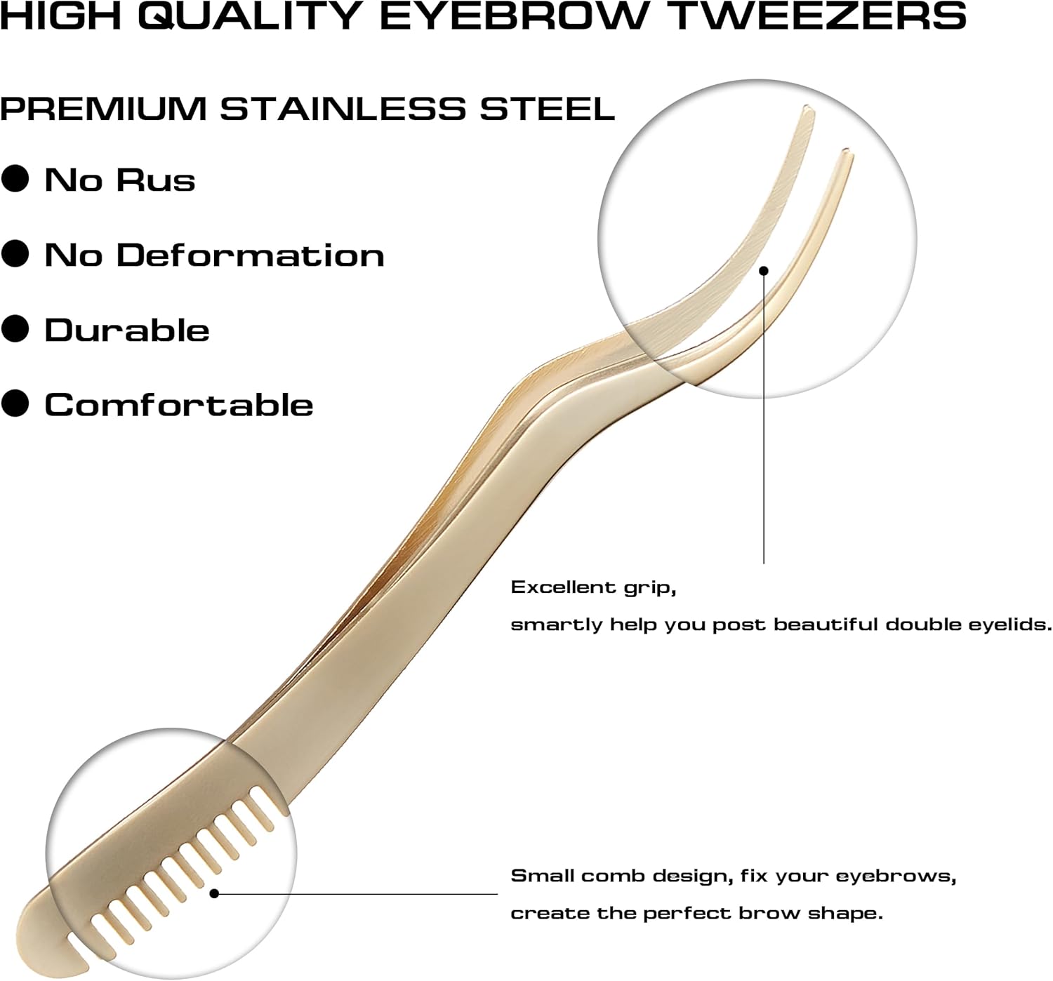 2 in 1 Lash Tweezer with Comb, Eyelash Extension, Stainless Steel Elbow Tweezers, Precise Eyebrow Tweezers Tool, Lashes Tweezer Applicator for DIY Applying False Eyelashes Clusters, Gold-FemmiqueWomen