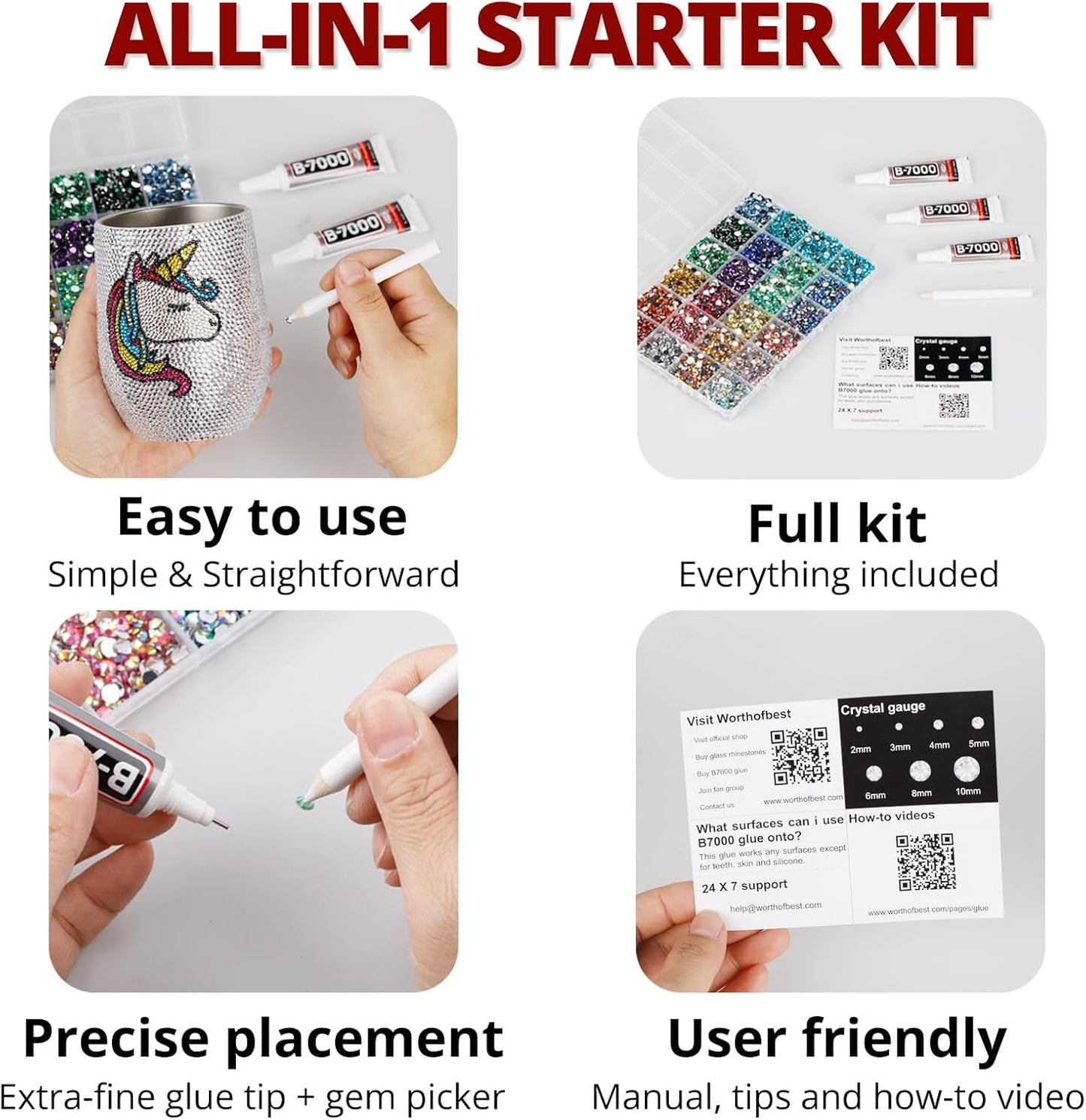 30000Pcs Resin Rhinestones Set for Crafting Bedazzling, Maroon Dark Red Burgundy Flatback Gems Jewels for Crafts Clothes Shoes Fabric Outfit Nails Makeup, Flat Back Crystal 2-6mm with b 7000 Glue-FemmiqueWomen