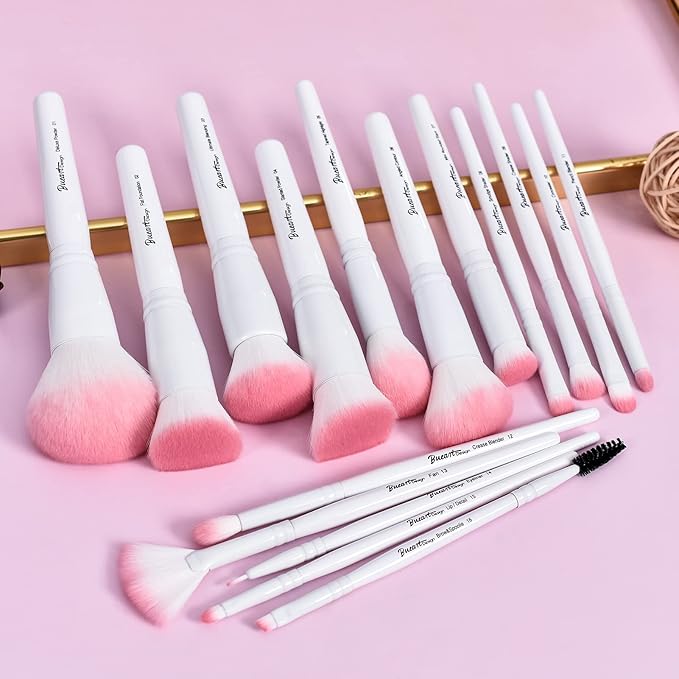 Bueart Design 16Pcs ULTRA SOFT labeled Makeup Brushes set with brush Holder face brush for Foundation Powder Blending Blush wooden Handle(16Pcs White+Pink Holder)-FemmiqueWomen
