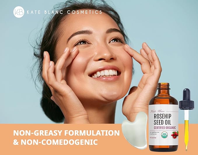 Kate Blanc Cosmetics Rosehip Oil for Face with Stainless Gua Sha (1oz, Organic, Pure, Cold Pressed) Rosehip Seed Face Oil for Gua Sha Massage-FemmiqueWomen