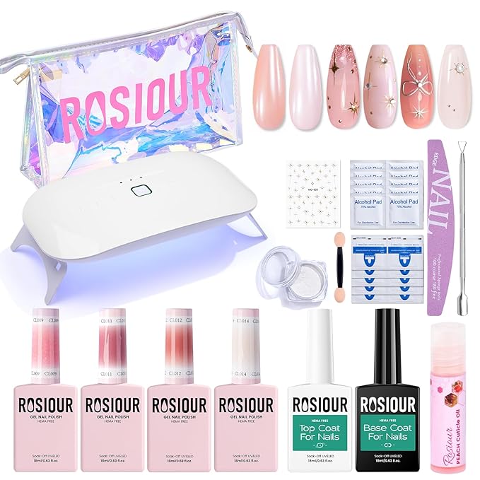 Jelly Gel Nail Polish Kit with U V Light, Hema-Free Milky Nude Sheer White Pink Gliter Gel Polish Set with Base & Top Coat Chrome Nail Powder, 4 Colors Mini Salon Nail Art Starter Gift for Women Girl-FemmiqueWomen