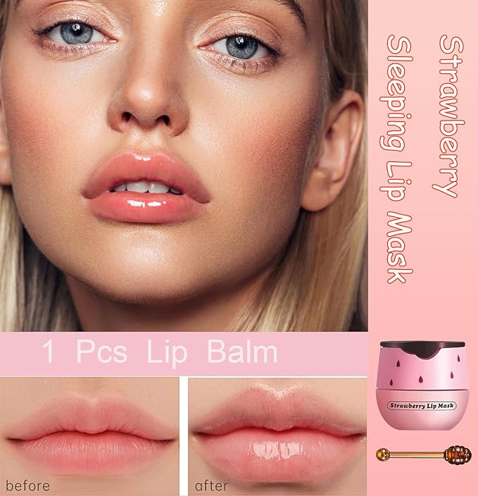 1 PCS Bee Lip Balm Honey Pot, Exfoliating Strawberry Bee Lip Balm Sleeping Lip Mask Overnight with Sticks, Honey Pot Lip Balm Prevention Dry Hydrating and Crack Lip Scrubs-FemmiqueWomen