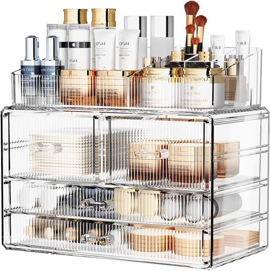 ZHIAI Stackable Storage Drawers, Acrylic Bathroom Counter Organizer Clear Makeup Organizers for Vanity, Kitchen Cabinets, Bathroom, Undersink, Home Organization and Storage (1 Top 4 Drawers D)-FemmiqueWomen