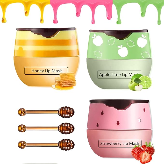 Bee Lip Balm Honey Pot,3 PCS Strawberry&Honey&Apple Lime Lip Sleeping Mask,Hydrating Prevention Dry and Cracked Lip Scrubs Exfoliator Lip Care,Moisturizing Lip Mask Overnight Reduces Lip Lines-FemmiqueWomen