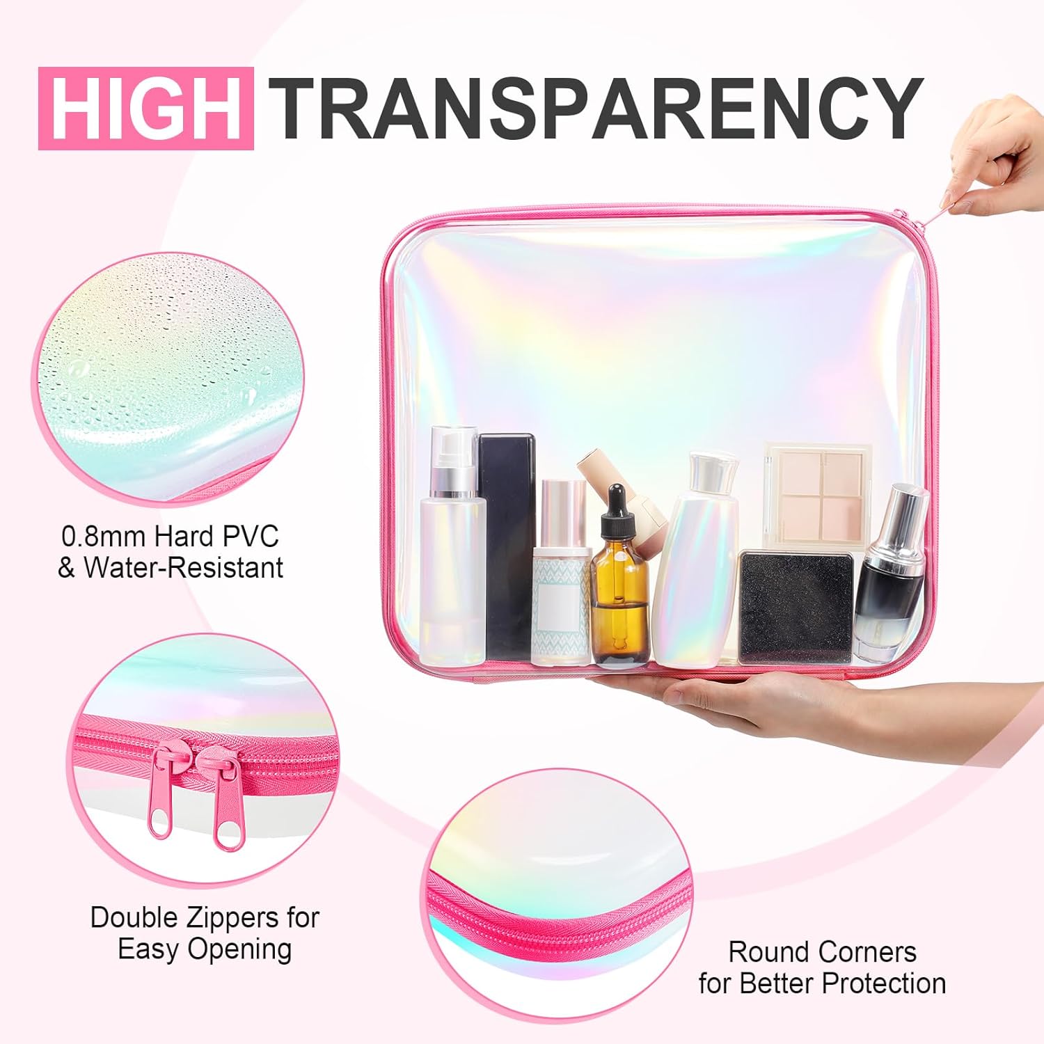 Hoolerry 3 Pcs Clear Hard Zipper Case Plastic Pouch Transparent Hard Case Clear Makeup Bag Portable Travel Organizer Bin for Cosmetics, Building Blocks, Puzzles(Laser,L)-FemmiqueWomen