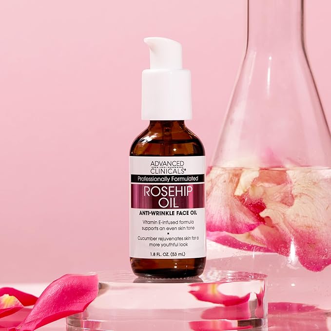Advanced Clinicals Rosehip Oil For Face With Vitamin E + Botanicals Helps Improve Look Of Dark Spots, Wrinkles, Fine Lines, & Uneven Looking Skin Tone | Moisturizing Skin Care Face Serum, 1.8 Fl Oz-FemmiqueWomen