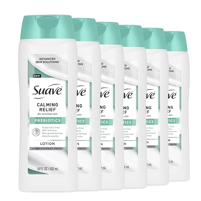 Suave Calming Relief Hand & Body Lotion for Women With Prebiotics For Sensitive Skin, Fragrance & Allergen Free, Helps Restore Skin's Moisture Barrier, 18 FL OZ, 6 Pack-FemmiqueWomen
