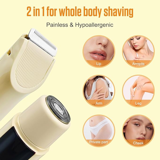 2 in 1 Bikini Trimmer for Women Dual Head Electric Shaver with LED Display,IPX7 Waterproof Wet & Dry, Painless Shaver for Underarm Leg Arm Body Face Private Area Khaki-FemmiqueWomen