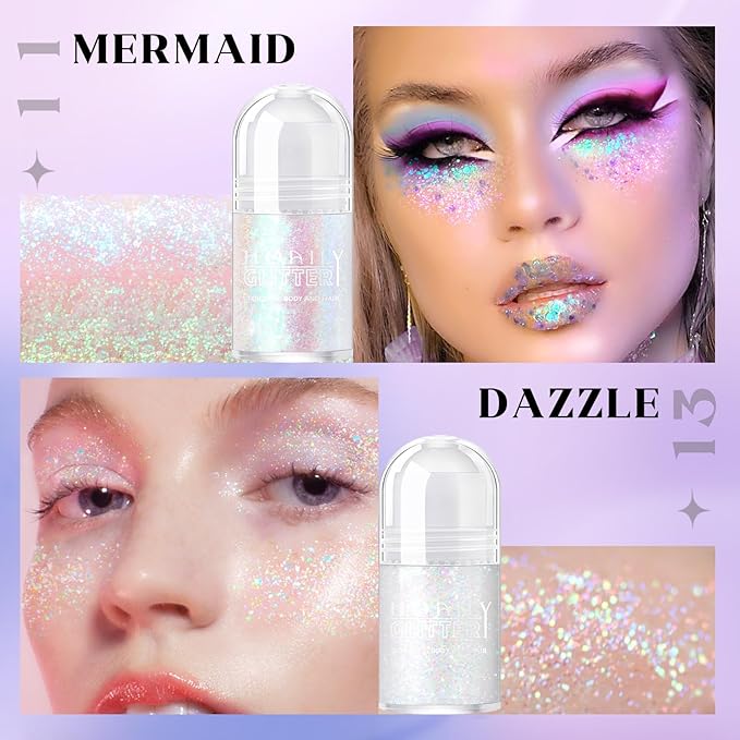 2 Colors Roll-on Body Glitter Gel, Holographic Glitter Gel Under Light for Face Hair, Body Shimmer for Rave Accessories Christmas New Year Halloween Makeup (11+13)-FemmiqueWomen