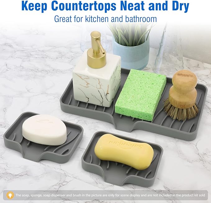 3-Pack Silicone Soap Dish, Sponge Holder for Sink, Kitchen Soap Tray, Bathroom Soap Holder, Sponge Tray with Drain (Grey)-FemmiqueWomen