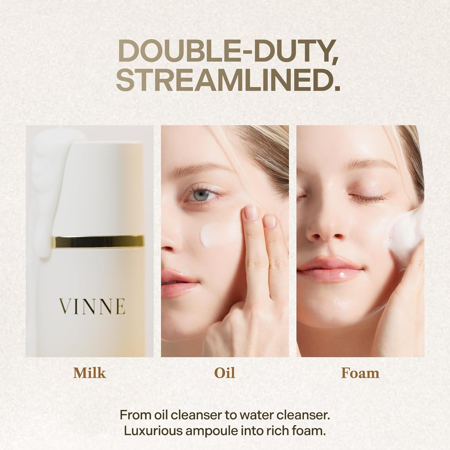 VINNE Signature Milky Foam Cleanser – 3-Step Milk-Oil-Foam Korean Facial Cleanser w/LHA+PHA & 17 Active Ingredients – Oil & Water-Based Dual-Action Face Wash (4.05 fl. oz)-FemmiqueWomen