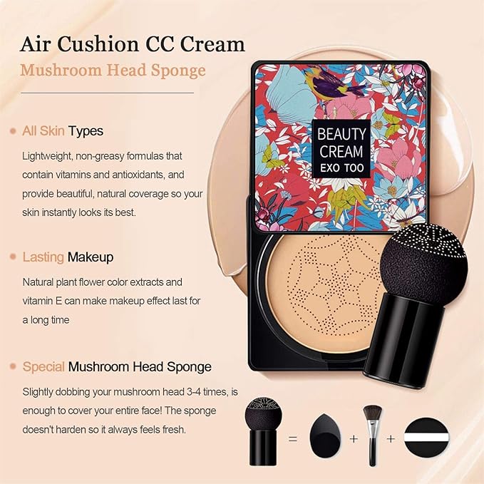 2PCS Mushroom Head Air Cushion CC Cream Foundation, Beauty Cream Exo Too BB Cream, Moisturizing, Long Lasting, Matte Concealer, Light Weight, WaterProof Liquid Foundation with 2PCS Mushroom Head-FemmiqueWomen