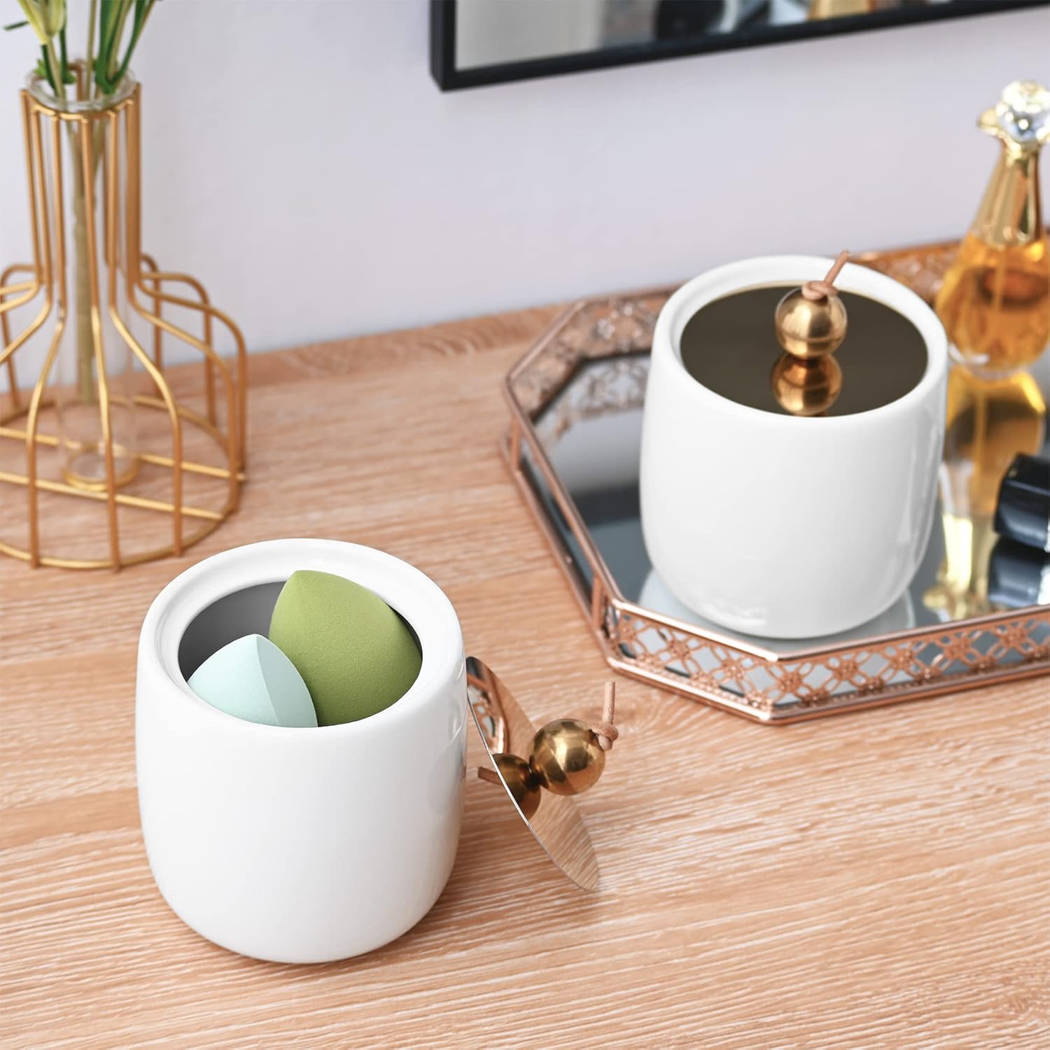 2 Pack Ceramic Qtip Holder Dispenser with Gold Lids, White Apothecary Jars Bathroom Vanity Organizer for Home Decor - Bathroom Canister for Cotton Swabs, Rounds, Balls, Makeup Sponges, Bath Salts-FemmiqueWomen