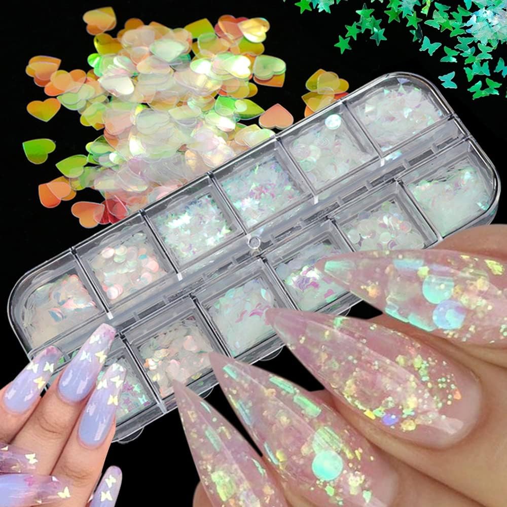 24 Grids Holographic Nail Sequins and 1 Pcs Tweezers,Iridescent Mermaid Flakes Ultra-Thin Colorful Flakes Glitter Sticker,DIY Face Body Eyes for Nail Art Decoration-FemmiqueWomen