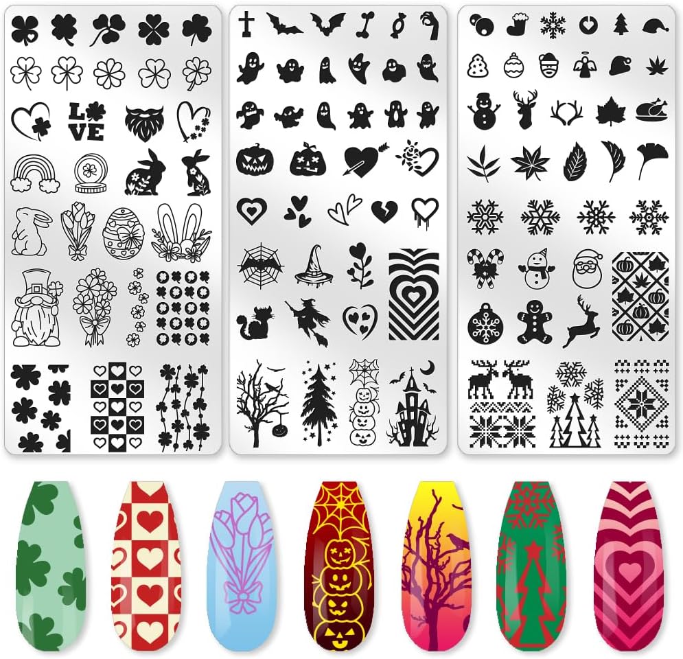 3Pcs Holiday Nail Stamping Plate Set Seasonal Halloween Christmas Nail Stamp Templates Valentine St. Patrick's Day Metal Reusable Tools with Stamper Scraper for Manicure Printing-FemmiqueWomen