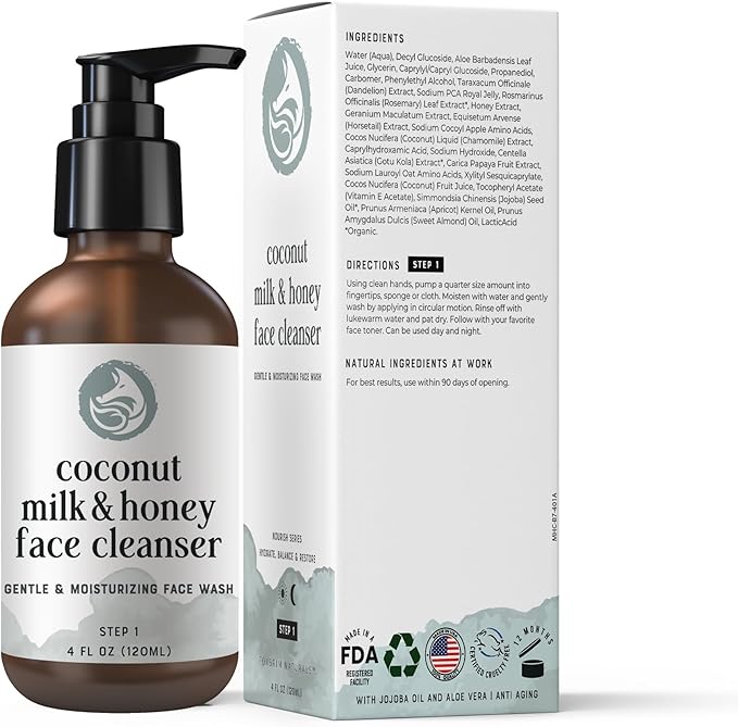 Hydrating Face Cleanser - Coconut Milk & Honey 4oz | Nourishing Daily Cleanser for All Skin Types — Gentle Non-Drying Formula, Fragrance-Free with Jojoba Oil & Aloe, Ideal for Sensitive Skin-FemmiqueWomen