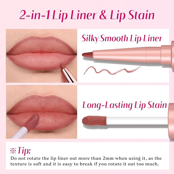 2 PCS Lip Liner and Lip Stain Combo Set, High Pigmented Long Lasting Velvet Lip Tint, Well-Defined Lipliner, Weightless Waterproof Not Animal Tested, Matte Finish Makeup-FemmiqueWomen