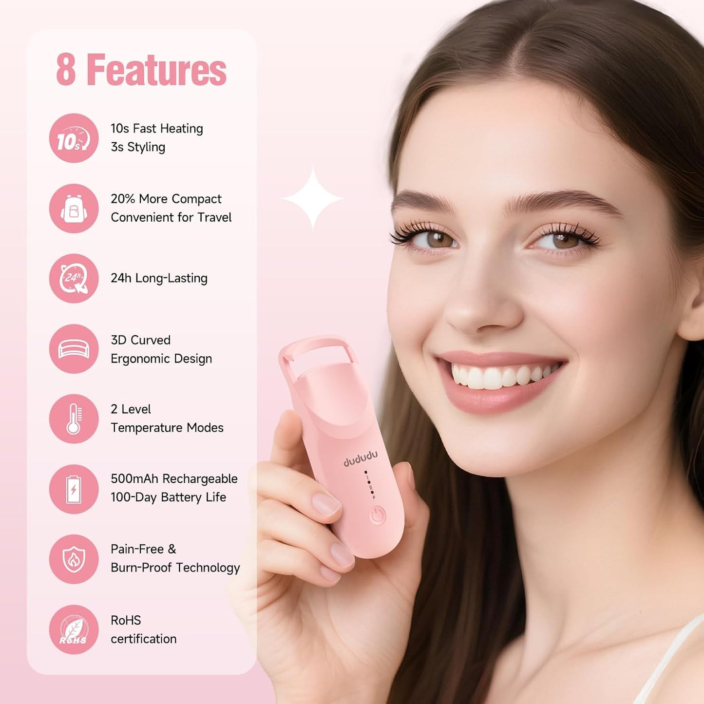 DUDUDU Heated Eyelash Curler, Portable Travel-Size Mini Electric Heated Lash Curler - 2-Level Adjustable Temp & Type-C Recharge, 10S Heat 3S Style 24H Lift for Long-Lasting Natural Effortless Curves-FemmiqueWomen