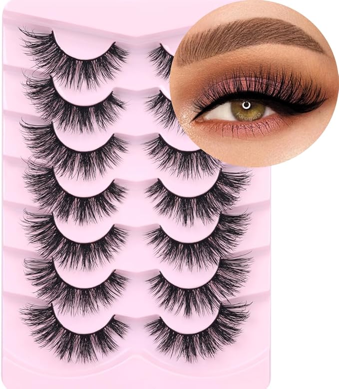 Mink Lashes False Eyelashes Natural Look Wispy Cat Eye Flat Lashes 3D Mink Lashes Natural Fake Lashes 18mm Strip Lashes Pack 7 Pairs-FemmiqueWomen