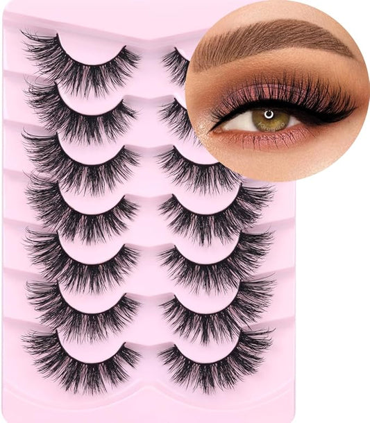 Mink Lashes False Eyelashes Natural Look Wispy Cat Eye Flat Lashes 3D Mink Lashes Natural Fake Lashes 18mm Strip Lashes Pack 7 Pairs-FemmiqueWomen