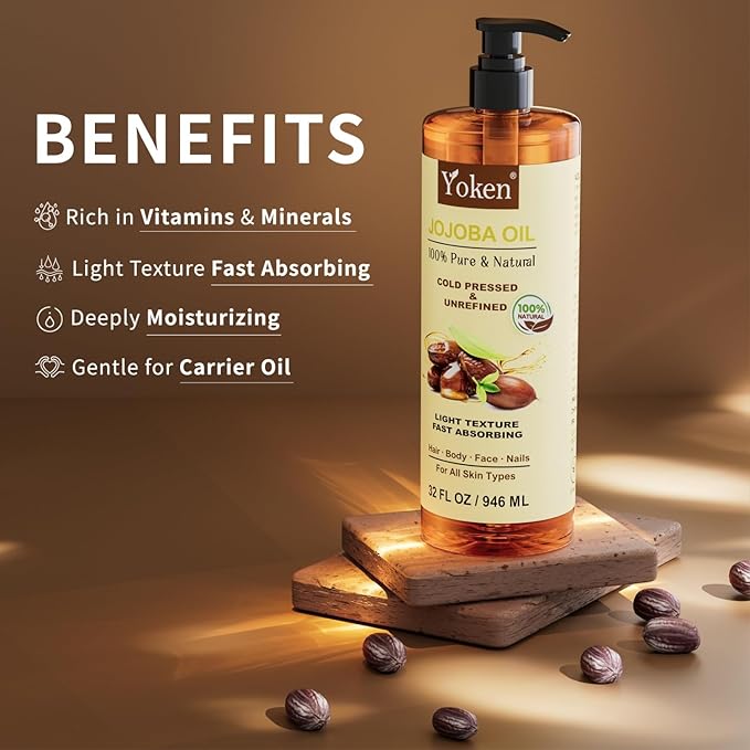 Yoken 32 fl oz (EWG Verified) 100% Pure Jojoba Carrier Oil - Unrefined, Hexane-Free, Cold Pressed for Skin, Face, Hair, Nails, and Massage-FemmiqueWomen