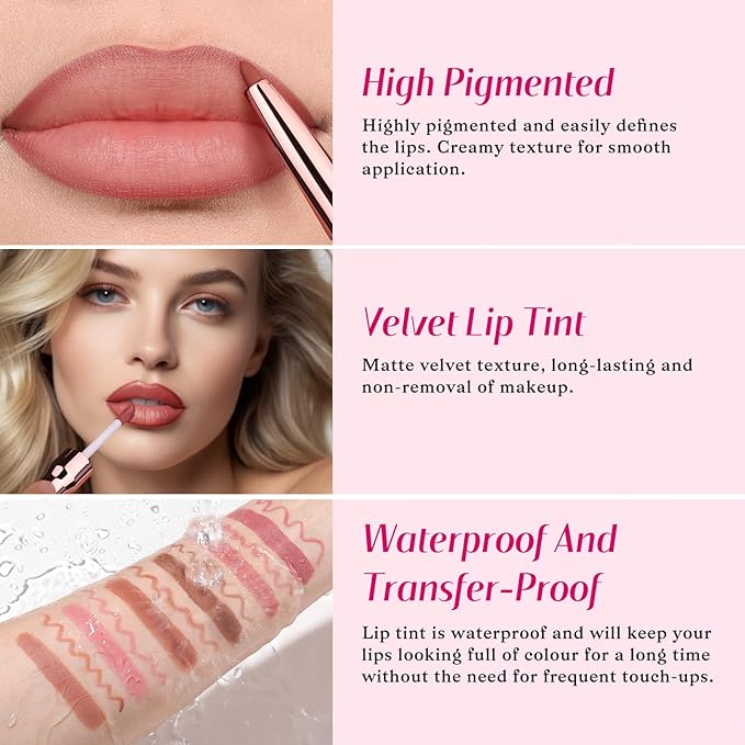 2 PCS Lip Liner and Lip Stain Combo Set, High Pigmented Long Lasting Velvet Lip Tint, Well-Defined Lipliner, Weightless Waterproof Not Animal Tested, Matte Finish Makeup-FemmiqueWomen
