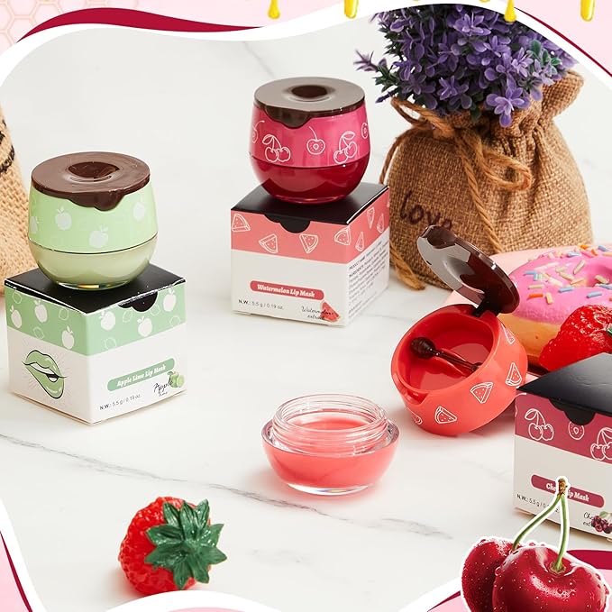 12 Pcs Bee Lip Balm Honey Pot with Brush Propolis Lip Mask Overnight, Moisturizing Hydrating Lip Sleeping Mask Prevention Dry and Cracked(Honey+Strawberry+Watermelon+Apple Lime+Cherry)-FemmiqueWomen