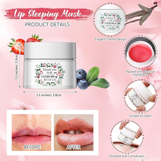 12 Pcs Thank You Lip Sleeping Mask Bulk Bridal Shower Gifts for Guests Thank You for Celebrating with Us Lip Mask Moisturize Nourish for Wedding Bridal Shower Favor Christmas Gift(Floral)-FemmiqueWomen