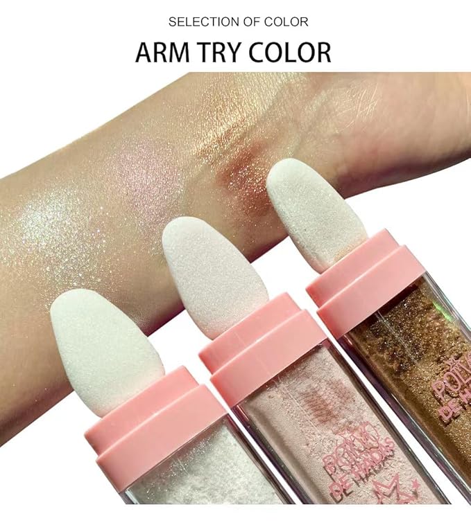 3 Colors Glitter Powder Highlighter Makeup, Body Brightens the Natural Three-Dimensional Face Blusher Fairy Highlight Patting Powder. (01#White Moonbeam/04# Green/05# Gold)-FemmiqueWomen