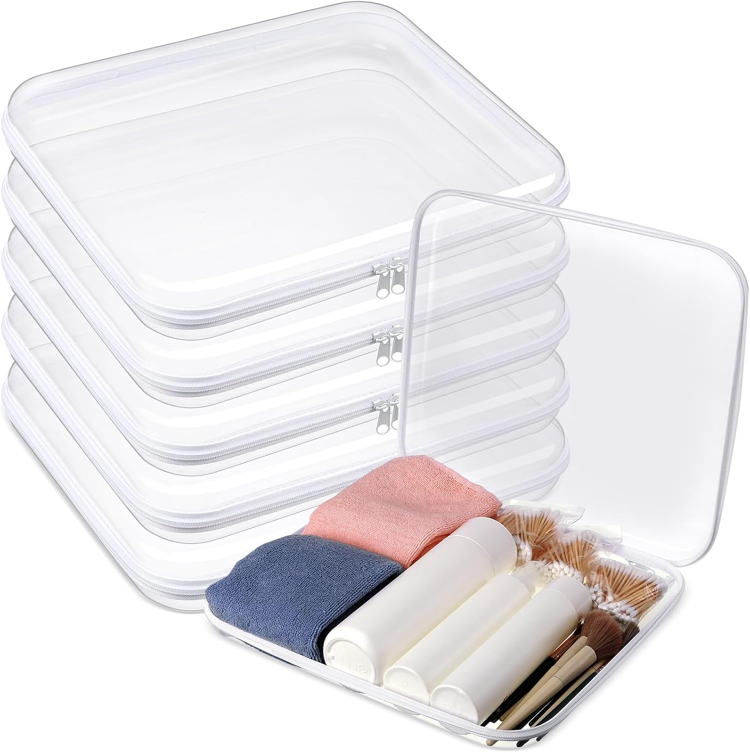 Sanwuta 6 Pcs Clear Hard Zipper Case Pencil Pouches Hard Plastic Zipper Pouches Makeup Bag Transparent Cases for Snacks Plastic Storage Organizer Box for Travel(White,13.78 x 11.81 x 2 Inch)-FemmiqueWomen