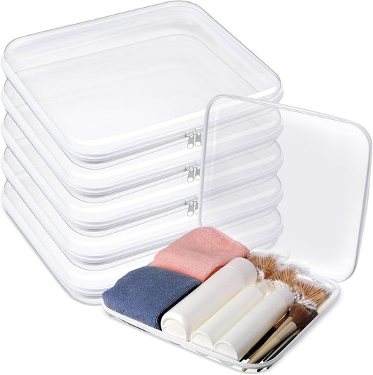 Sanwuta 6 Pcs Clear Hard Zipper Case Pencil Pouches Hard Plastic Zipper Pouches Makeup Bag Transparent Cases for Snacks Plastic Storage Organizer Box for Travel(White,13.78 x 11.81 x 2 Inch)-FemmiqueWomen