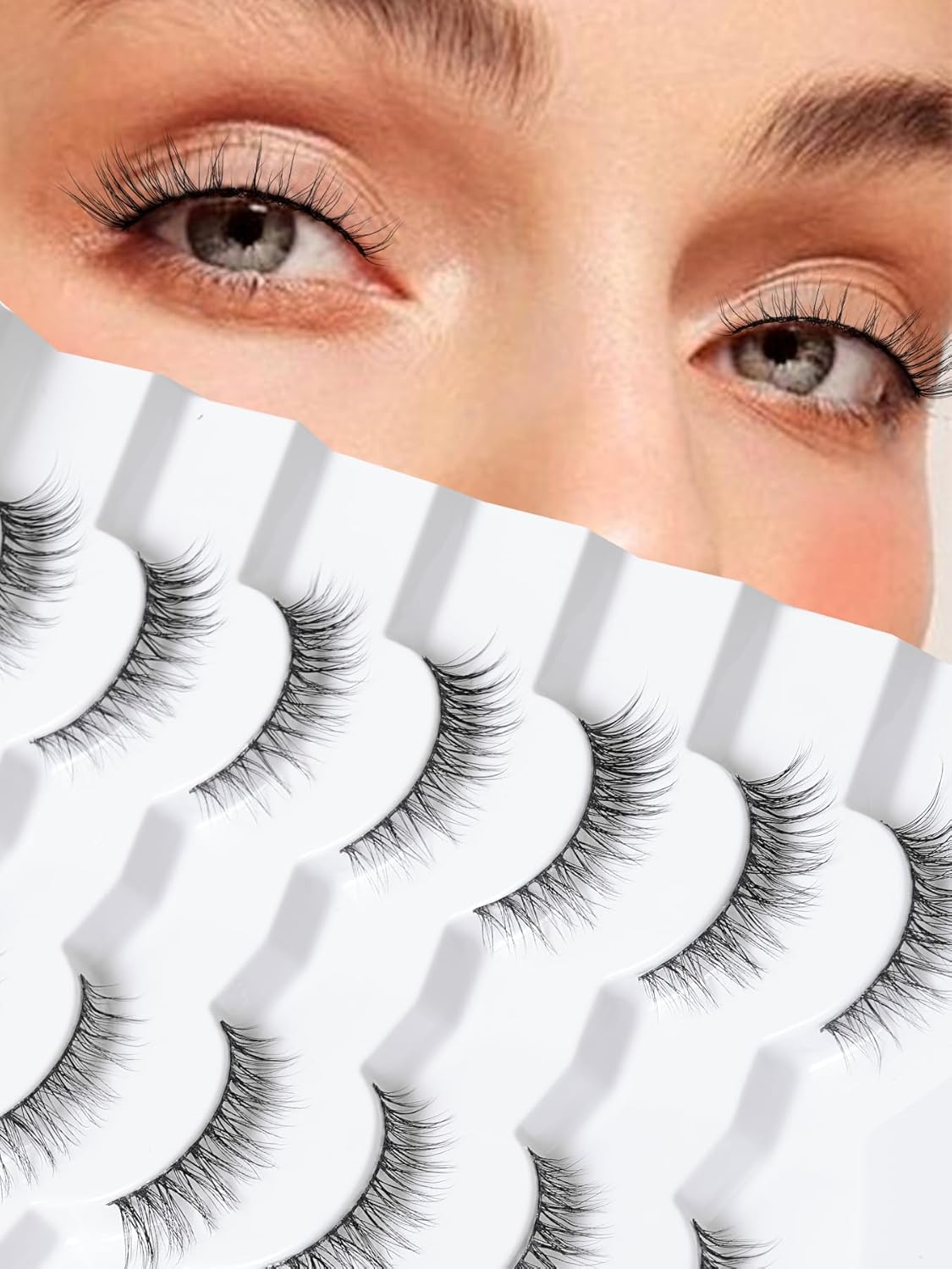 False Eyelashes Wispy Lashes Natural Look 12mm Cat Eye Eyelashes 3D Volume Natural Lashes 0.1MM Thin Band Strip Lashes Siligli Eye Lashes C Curl 7 Pair-FemmiqueWomen