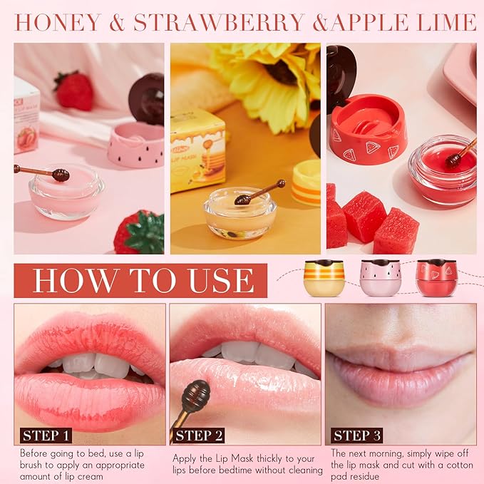 12 Pcs Bee Lip Balm Honey Pot with Brush Propolis Lip Mask Overnight, Moisturizing Hydrating Lip Sleeping Mask Prevention Dry and Cracked(Honey+Strawberry+Watermelon)-FemmiqueWomen