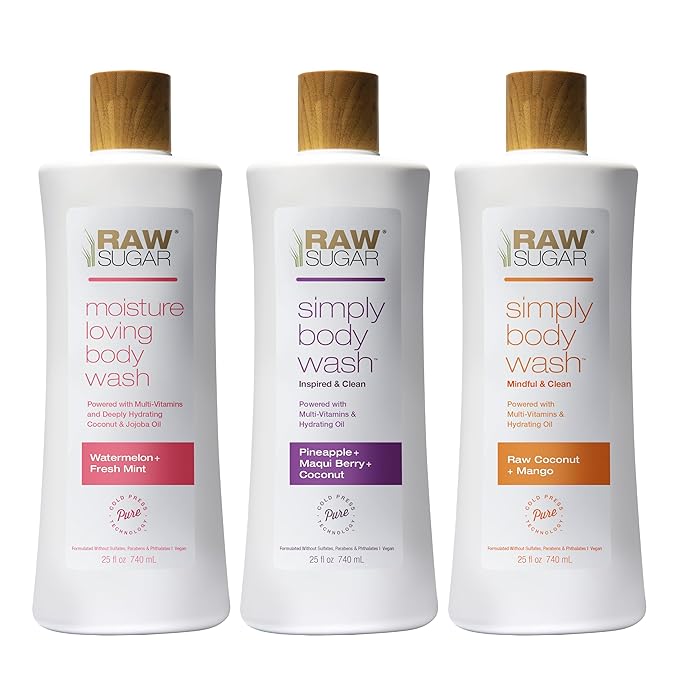 RAW SUGAR Simply Body Wash Variety Trio (25 Fl Oz, Pack of 3) Vegan Bath & Shower Gel, Raw Coconut + Mango, Pineapple + Maqui Berry + Coconut and Watermelon + Fresh Mint, No Sulfates & Parabens-FemmiqueWomen