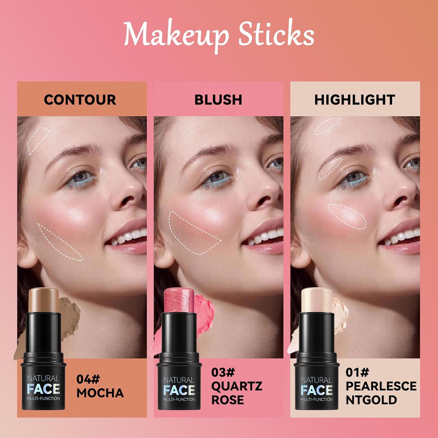 3Pcs Cream Contour Stick Makeup Kit,Create Face Contour,Highlighter Stick,Blush stick for Sculpt the Cheeks,Bronzer Contour Sticks,Waterproof Long-lasting Contour set,Non-greasy（01#,03#,04#）-FemmiqueWomen