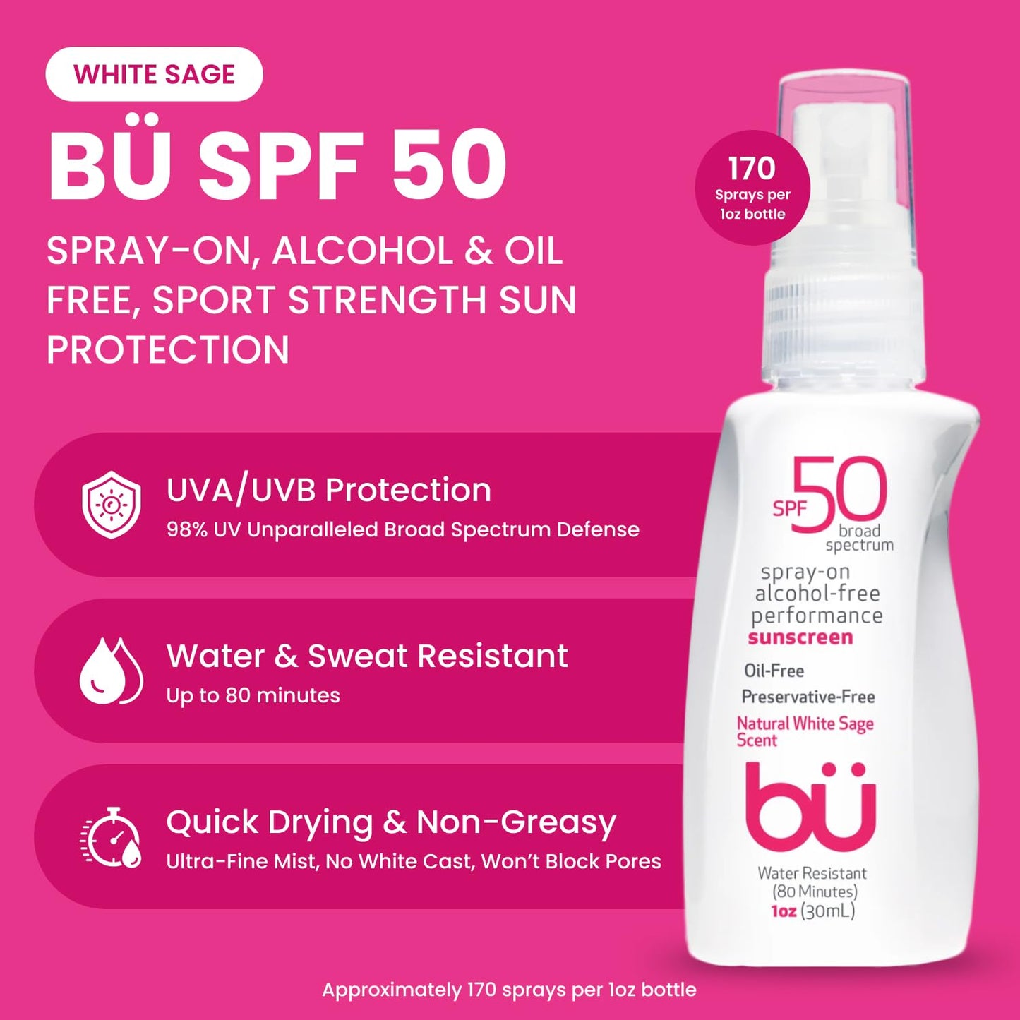 BU SPF 50 Sunscreen Spray for Face and Body, Non Aerosol Spray, TSA Travel Size Sunscreen, Clear, Non Greasy, Water Resistant, White Sage 1 oz (3 Pack)-FemmiqueWomen