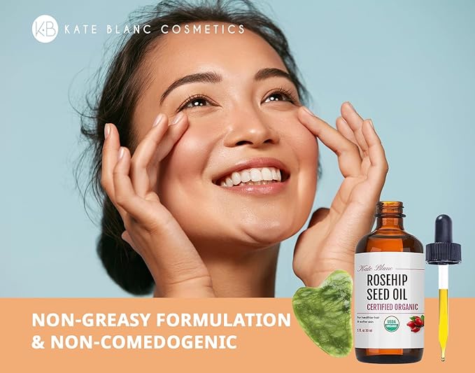 Kate Blanc Cosmetics Rosehip Oil for Face with Jade Gua Sha Stone (1oz, Organic, Pure, Cold Pressed) Rosehip Seed Face Oil for Gua Sha Massage-FemmiqueWomen