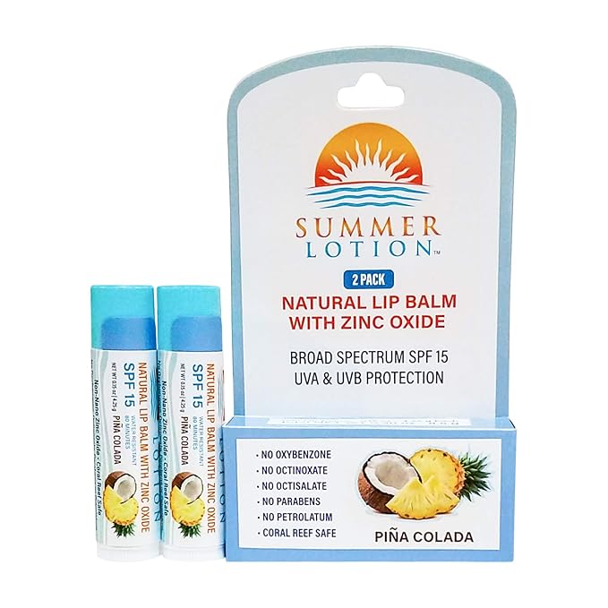 Natural Lip Balm with Zinc Oxide Sunblock by Summer Lotion, SPF 15 Lip Sunscreen 2-Pack, Water Resistant Chapstick, SPF Lip Protection for Everyone, (Pina Colada)-FemmiqueWomen
