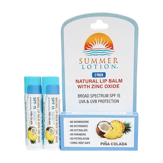 Natural Lip Balm with Zinc Oxide Sunblock by Summer Lotion, SPF 15 Lip Sunscreen 2-Pack, Water Resistant Chapstick, SPF Lip Protection for Everyone, (Pina Colada)-FemmiqueWomen