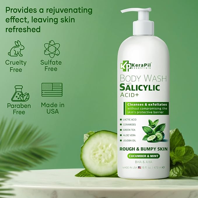 Exfoliating Body Wash with Salicylic Acid - No Dry Out, Gentle Exfoliates Rough and Bumpy Skin, Body Acne Wash, BHA & AHA - Cucumber and Mint Salicylic Acid Body Wash - (16 fl oz x 2)-FemmiqueWomen