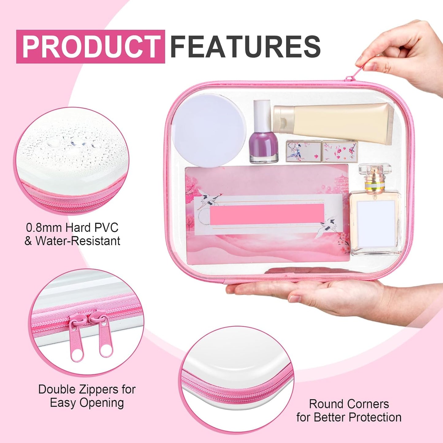 Sanwuta 6 Pcs Clear Hard Zipper Case Pencil Pouches Hard Plastic Zipper Pouches Makeup Bag Transparent Cases for Snacks Plastic Storage Organizer Box for Travel(Pink,9.84 x 7.87 x 2 Inch)-FemmiqueWomen