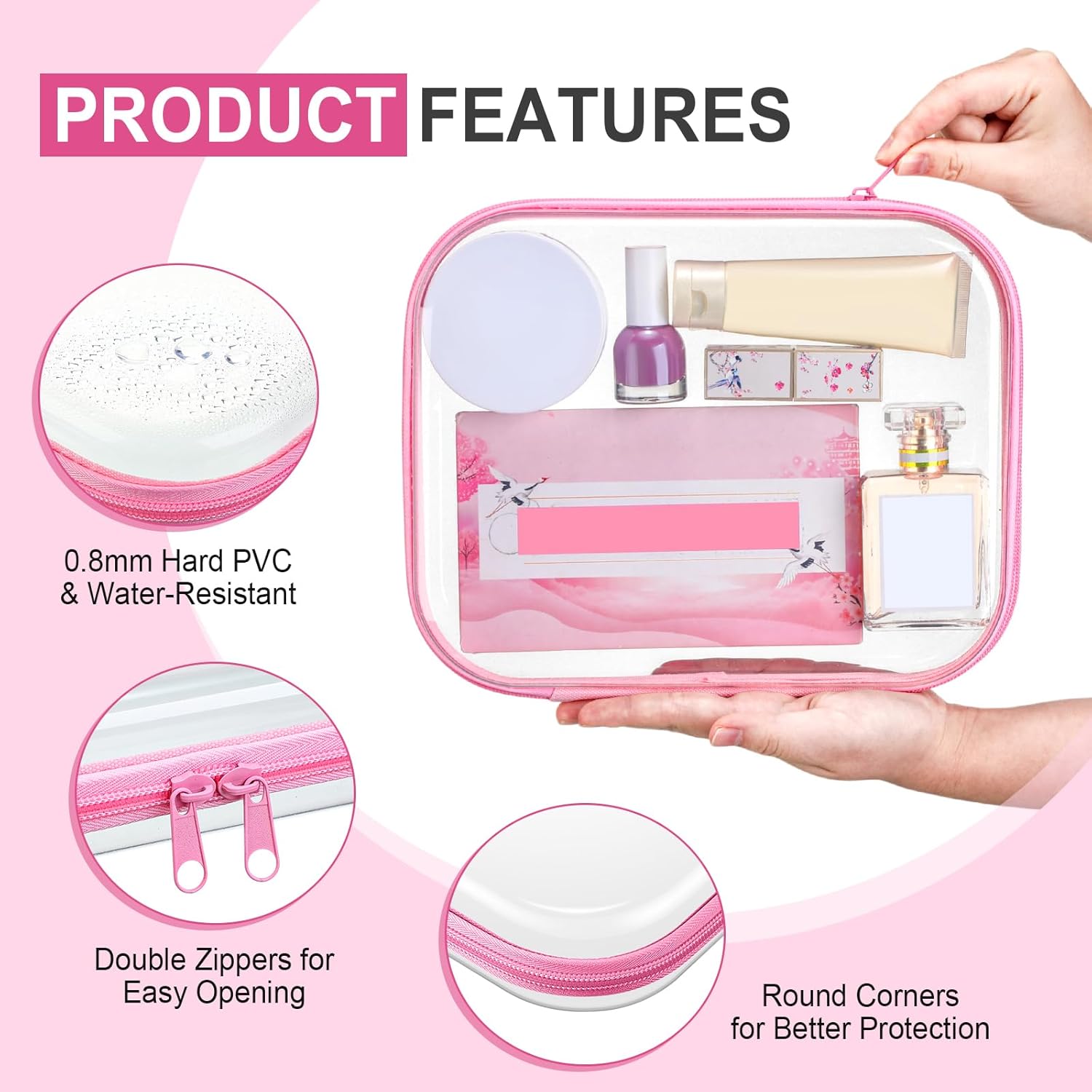 Sanwuta 6 Pcs Clear Hard Zipper Case Pencil Pouches Hard Plastic Zipper Pouches Makeup Bag Transparent Cases for Snacks Plastic Storage Organizer Box for Travel(Pink,9.84 x 7.87 x 2 Inch)-FemmiqueWomen