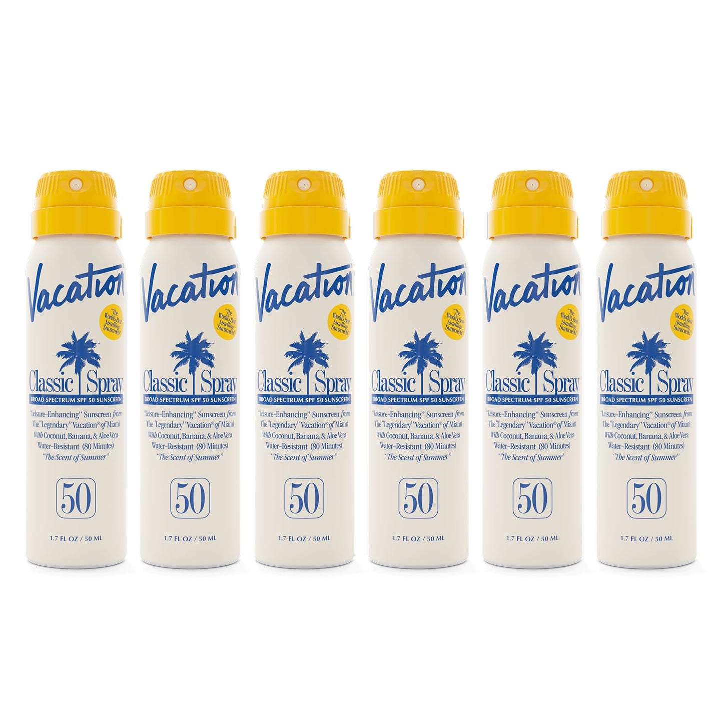 Vacation Mini Classic Sunscreen Spray SPF 50, Water-Resistant, Mini Sunscreen Bulk Party Favor, Sunblock Travel Size, TSA Suntan Lotion for Carry On, 1.7 Fl. Oz. (Value Pack of 6)-FemmiqueWomen