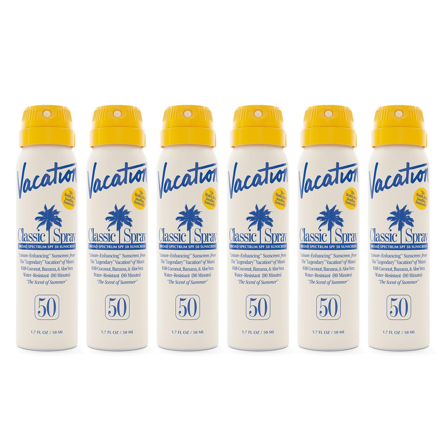 Vacation Mini Classic Sunscreen Spray SPF 50, Water-Resistant, Mini Sunscreen Bulk Party Favor, Sunblock Travel Size, TSA Suntan Lotion for Carry On, 1.7 Fl. Oz. (Value Pack of 6)-FemmiqueWomen