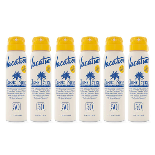 Vacation Mini Classic Sunscreen Spray SPF 50, Water-Resistant, Mini Sunscreen Bulk Party Favor, Sunblock Travel Size, TSA Suntan Lotion for Carry On, 1.7 Fl. Oz. (Value Pack of 6)-FemmiqueWomen