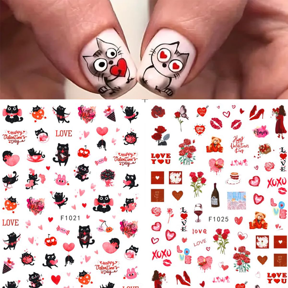 10 Sheets Valentines Day Nail Art Stickers 3D Heart Nail Decals Self-Adhesive Nail Art Design Decals Nail Supplies Red Pink Rose Sexy Lips Love Gnome Nail Stickers for Women DIY Manicure Decoration-FemmiqueWomen