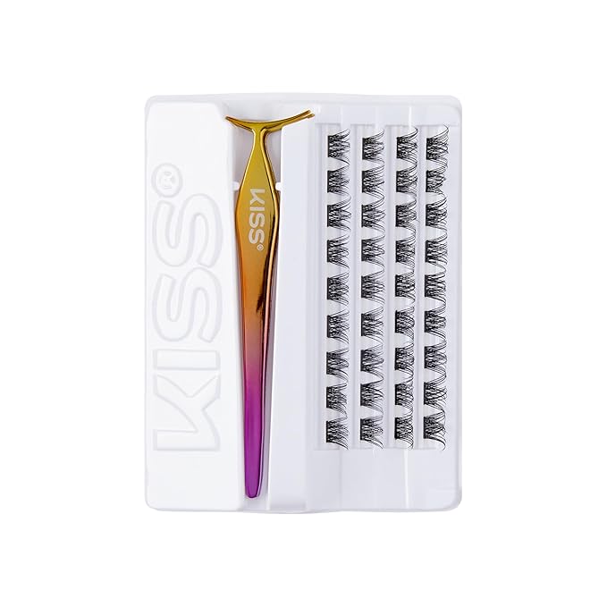 KISS imPRESS Falsies Self Adhesive Eyelashes, Press On Lashes, 12mm-14mm Glam Volume Lashes, Black, No Glue Needed, Invisible Band, 36 Lash Clusters & Non-Stick Applicator - Voluminous-FemmiqueWomen