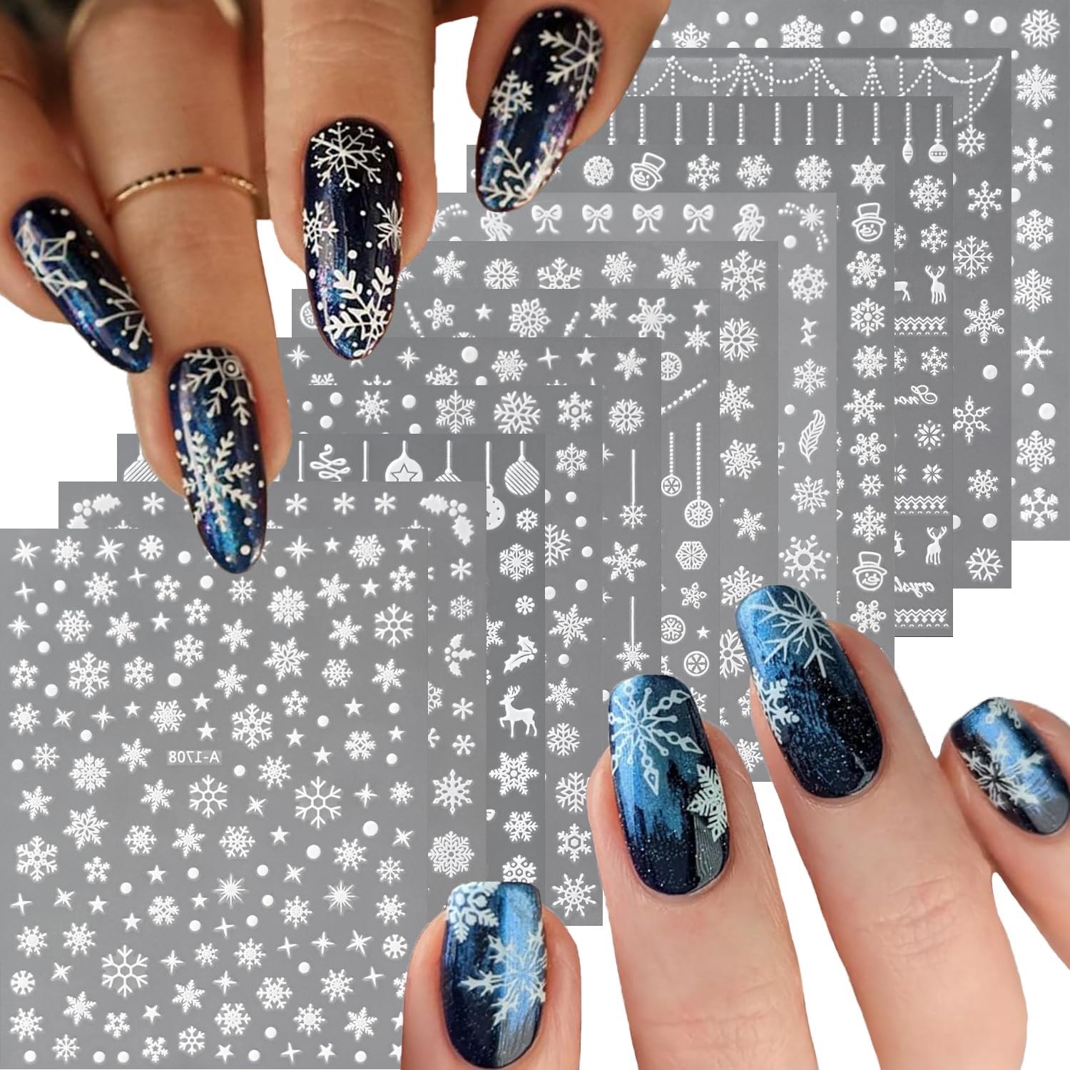 12 Sheets Christmas Nail Art Stickers 3D Holiday Stickers Self Adhesive Christmas Nail Decals Snowflake Art Supplies Decoration Accessories for Women & Girls-FemmiqueWomen