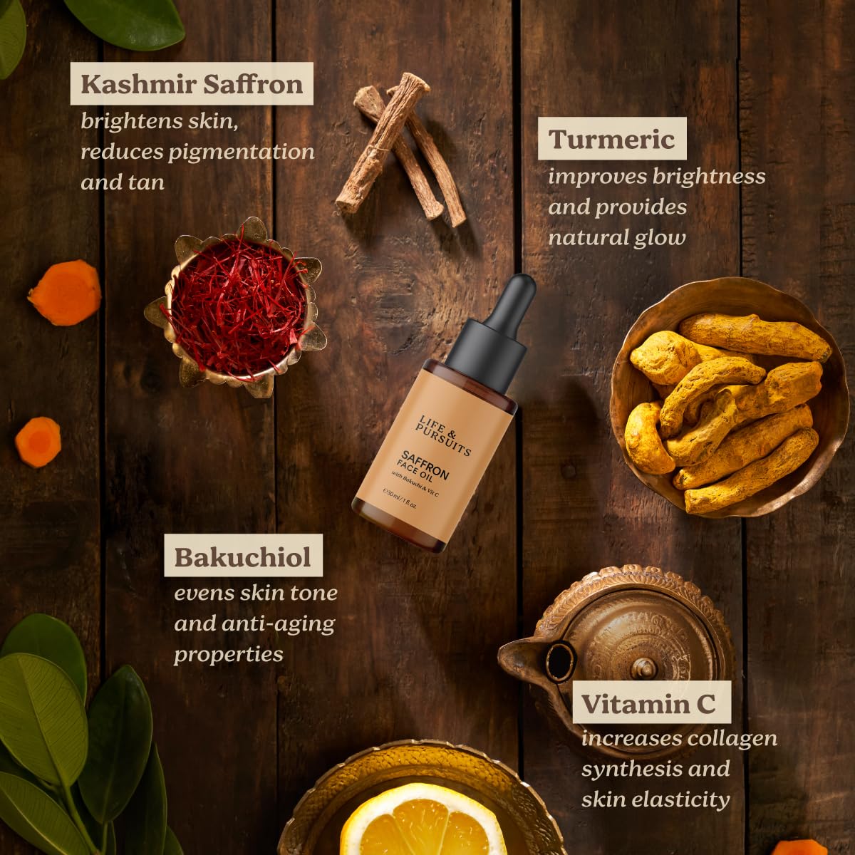 Life & Pursuits Saffron Face Oil 1 Fl Oz with Kashmir Saffron, Bakuchi, Vitamin C for Face Brightening, Moisturizing, Dark Spots, Fine Lines, Wrinkles. Lightweight Daily Face Massage oil | Anti-Aging-FemmiqueWomen