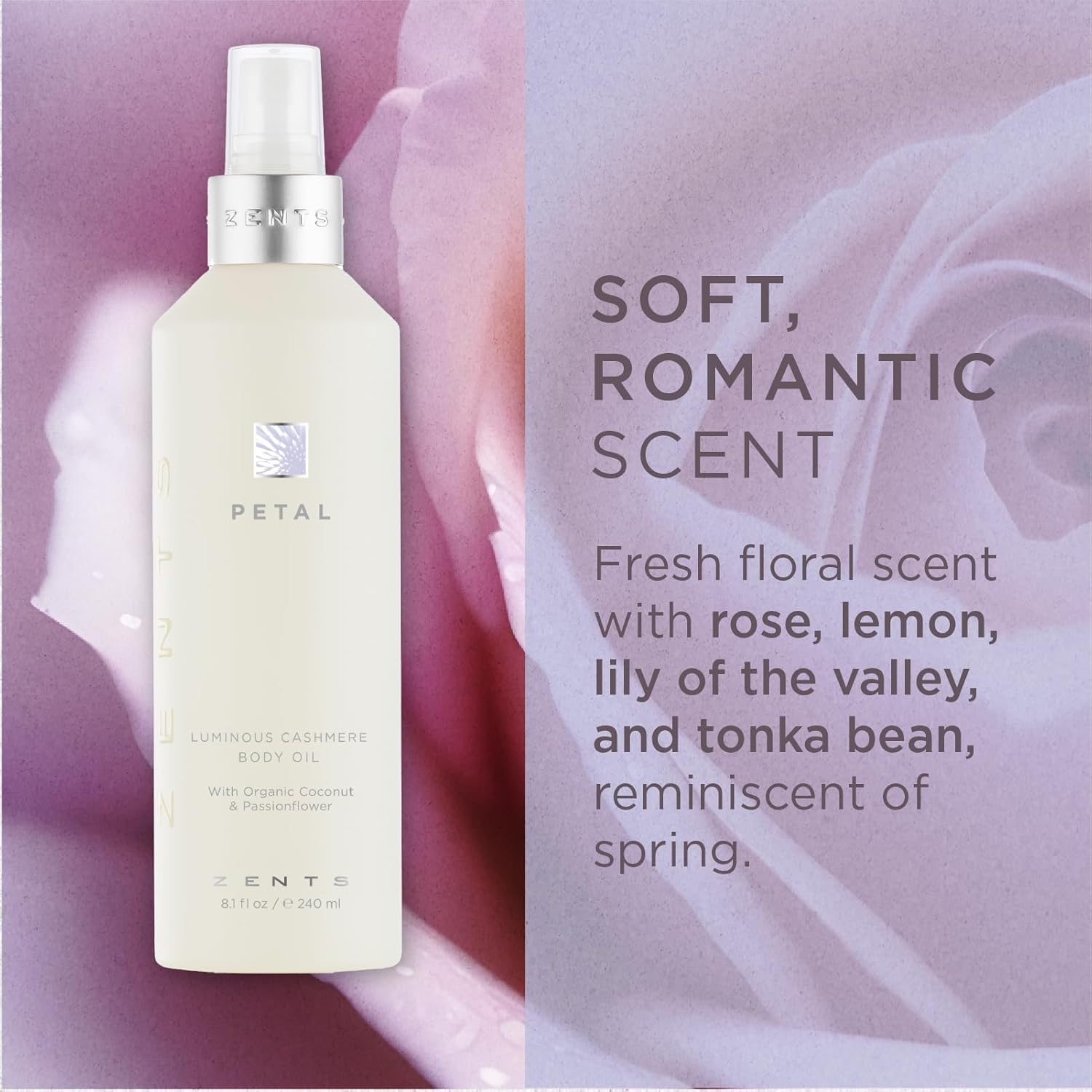 Zents Luminous Cashmere Body Oil (Petal Fragrance) | Moisturizing Body Oil with Vitamin E & Organic Coconut Oil | Softens & Smooths Skin | 8 fl oz-FemmiqueWomen